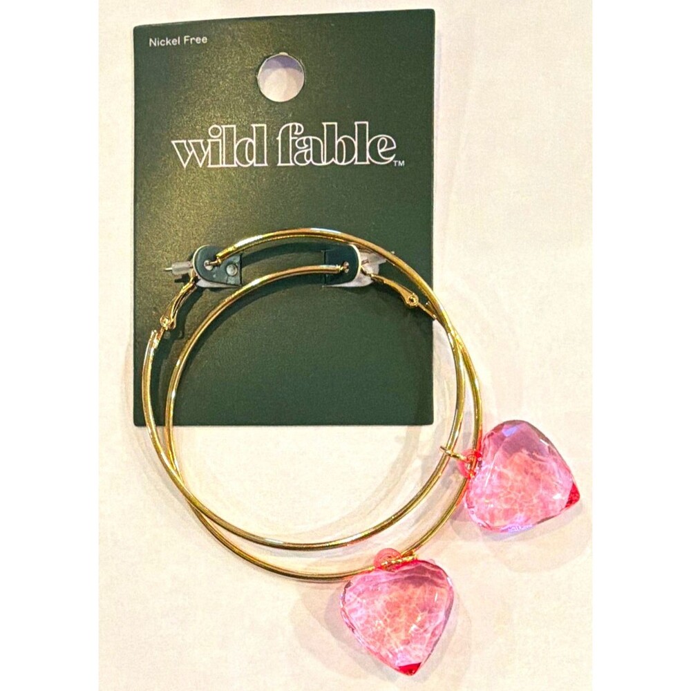 Wild Fable Gold Tone Hoop Dangle Earrings Pink Heart Charms Nickel-Free NIP